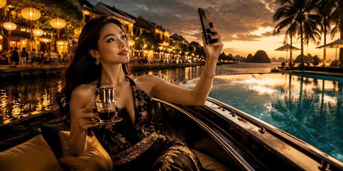 Người dùng Việt Nam xem kết quả xổ số tại quán cà phê Hội An với không khí thư giãn buổi sáng