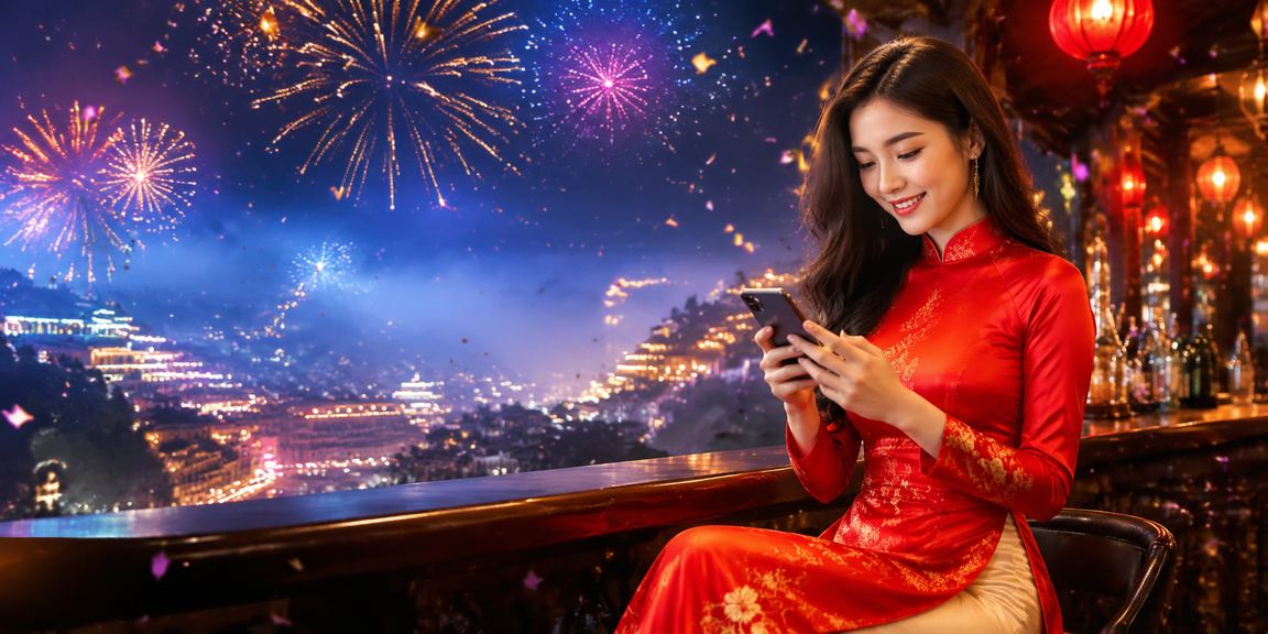 Phụ nữ mặc áo dài chơi mobile casino giữa thiên nhiên Sa Pa